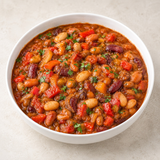 Braised beans with tomatoes and a leafy green salad