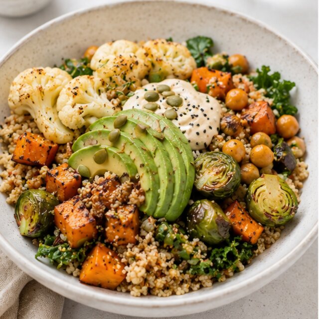 Bowl com quinoa, bacalhau e legumes