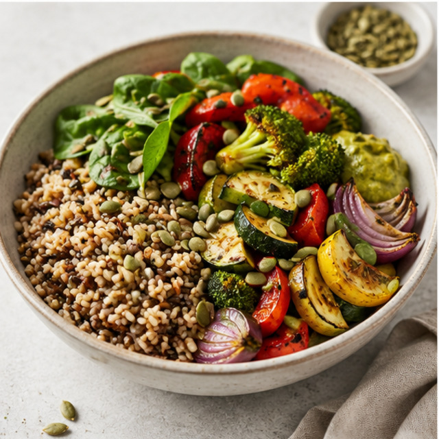 Bowl mit Buchweizen, Tofu, Gemüse und Dressing