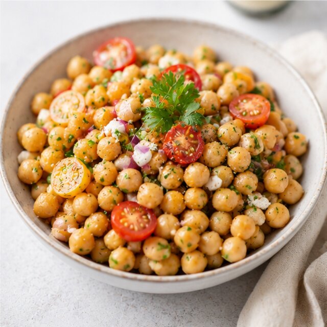 Kichererbsen mit Ofengemüse und Feta