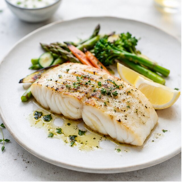 Steamed cod with potatoes and broccoli