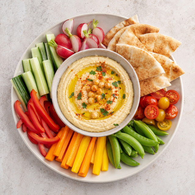 Hummus mit frischem Gemüse und Pita