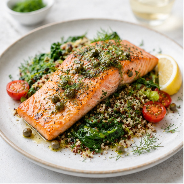 Salmão com salada de legumes e ervas