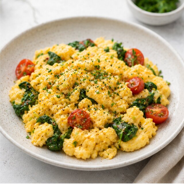 Fried eggs with spinach and whole grain bread