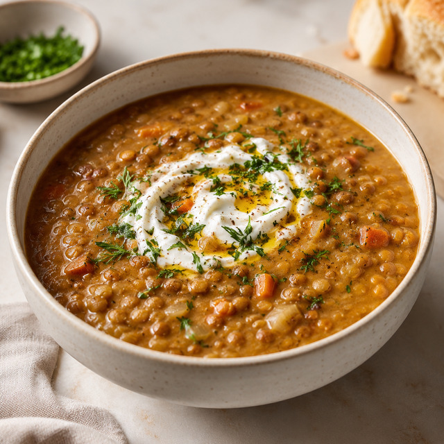 Lentil soup with turmeric and ginger, leafy green salad