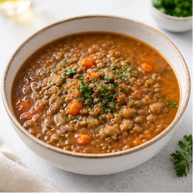 Lentil soup with chicken and crispbread
