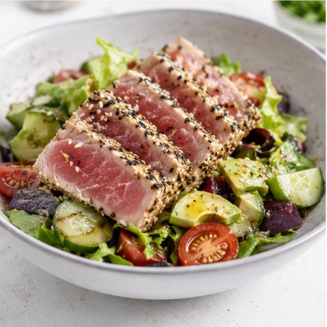 Tuna with brown rice and vegetable salad