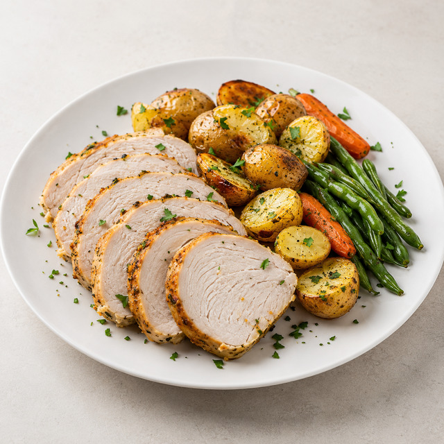 Turkey with beans, broccoli and salad