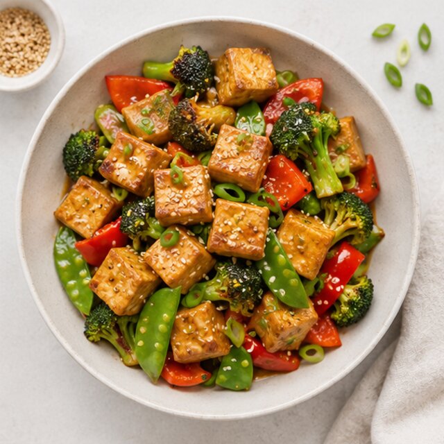 Baked tofu with potatoes and broccoli
